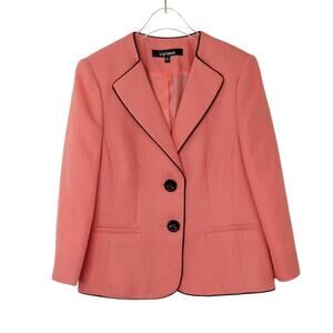 1990s Vintage Le Suit Pink Polka Dot Blazer Jacket Black Trim 8